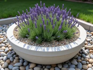 Circular Lavender Installation - Wide angle view of a large circular concrete planter filled with lavender, surrounded by smooth pebbles, viewed from above