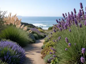 Coastal Lavender Garden - A windswept coastal garden featuring hardy lavender varieties mixed with ornamental grasses and maritime plants, with ocean views in the background