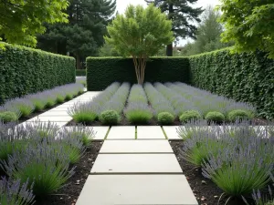 Contemporary Knot Garden Layout - Modern interpretation of a knot garden with clean lines, featuring Spanish lavender and silver-leafed plants in a geometric pattern, viewed from a 45-degree angle