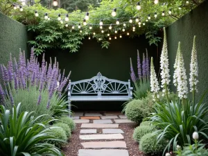 Cottage Garden Seating Nook - Intimate garden seating area with vintage wrought iron bench surrounded by tall spikes of Russian sage, lavender, and white foxgloves, string lights overhead