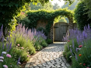 Cottage Garden Lavender Path - A winding cobblestone path through a cottage garden, bordered with blooming English lavender and pink roses, leading to a rustic wooden gate covered in climbing clematis, soft morning light filtering through