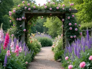 Cottage Garden Lavender - Wide shot of a romantic cottage garden with blooming English Lavender mixed with roses and foxgloves, featuring a rustic arbor covered in climbing roses