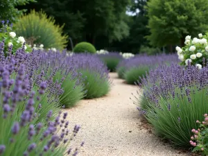 Cottage Garden Spanish Lavender Path - Winding gravel pathway lined with Spanish Lavender, featuring their distinctive crowned flower spikes, mixed with white roses and cottage garden perennials