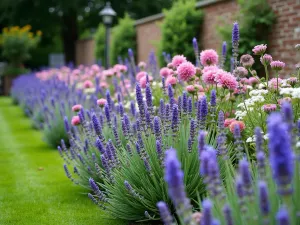 Cottage Garden Border - Long border filled with a harmonious mix of purple lavender, blue delphiniums, white phlox, and pink echinacea, cottage wall in background