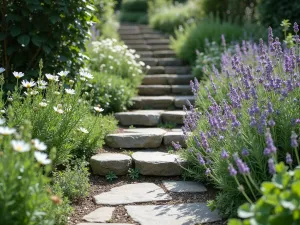 Cottage Garden Steps - Stone steps with lavender and creeping thyme growing between cracks, leading up through cottage garden with white cosmos and verbena bonariensis