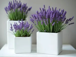 Cube Garden Detail - Close-up of lavender planted in white cubic planters, showing the contrast between the organic purple blooms and strict geometric forms