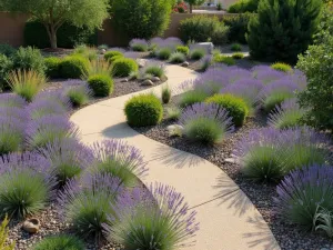 Drought-Tolerant Spanish Lavender Garden - Aerial view of a xeriscape garden featuring Spanish Lavender mixed with ornamental grasses and succulents, showcasing water-wise gardening