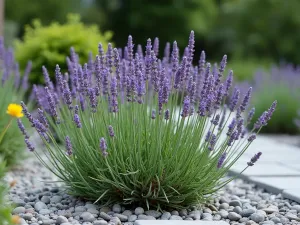 Dwarf Lavender Rock Garden - Munstead Lavender growing in a modern rock garden setting with gray stones and gravel, showing compact growth habit, perfect for small spaces