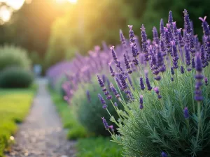 English Lavender Border - A pristine row of English Lavender (Lavandula angustifolia) in full bloom, with silvery-green foliage and deep purple flowers, growing along a sun-drenched garden path, photorealistic, soft evening light