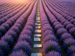 Vibrant English Lavender Rows at Sunset - Aerial view of symmetrical rows of English Lavender (Lavandula angustifolia) in full bloom, casting long shadows during golden hour, with a natural stone path weaving through the purple rows