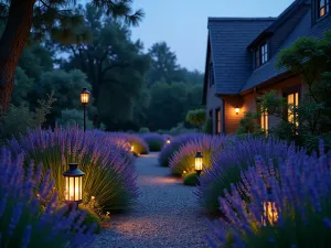 Evening Lavender Garden - Twilight scene of a cottage garden with lavender-lined paths, solar lanterns glowing, and moon flowers opening, creating a magical atmosphere