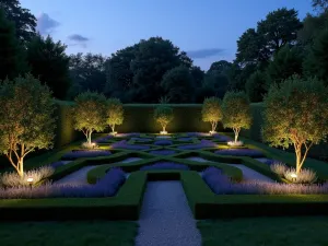 Formal Knot Garden Evening - Dusk view of an illuminated formal knot garden with lavender and box hedging, featuring subtle garden lighting highlighting the geometric patterns