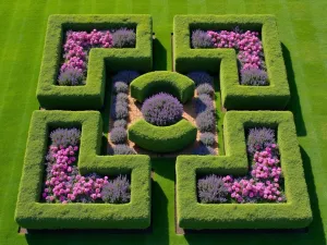 Formal Knot Garden with Lavender and Roses - bird's eye view of a geometric knot garden design using purple lavender, pink roses, and boxwood hedging, symmetrical pattern on manicured lawn