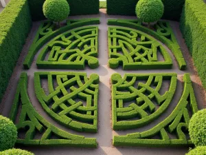 Formal Lavender Knot Garden - An overhead view of a formal knot garden with perfectly manicured lavender hedges forming intricate patterns, surrounded by box hedging