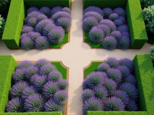 Aerial Lavender Pattern - Drone view of a geometric French Lavender garden design showing symmetrical rows of purple blooms creating an intricate pattern, surrounded by gravel paths and boxwood hedges