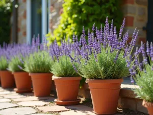 Lavender Pot Display - Collection of terracotta pots filled with French Lavender on a sun-drenched Mediterranean-style patio, showing various stages of growth and bloom