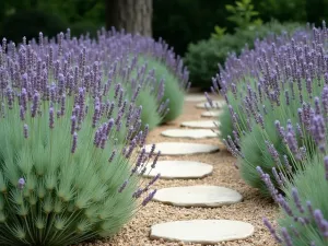 French Lavender Border - Elegant garden border of French Lavender creating a rhythmic pattern along a stone pathway, with their silvery-green foliage and purple blooms swaying in the Mediterranean breeze