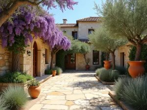 Mediterranean Terrace - Sun-washed Mediterranean terrace with French Lavender spilling over ancient stone walls, complemented by olive trees and terracotta urns