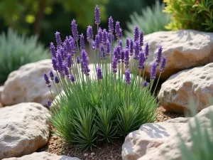 Lavender and Stone - French Lavender growing between natural limestone rocks in a drought-tolerant garden design, highlighting the plant's natural habitat and growing conditions