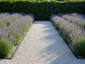 Geometric Lavender Lines - Minimalist garden design featuring straight rows of lavender in a modern geometric pattern, set against light gray gravel, shot from above with morning light casting subtle shadows