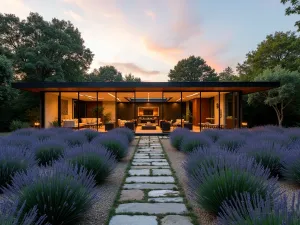 Glass House Lavender - Wide view of a modern glass-walled garden room surrounded by precisely arranged lavender beds, captured at sunset