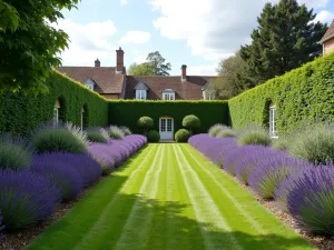 Hidcote Lavender Hedge - Wide-angle view of a formal garden featuring a neat hedge of deep purple Hidcote Lavender, architectural style with clean lines and symmetry