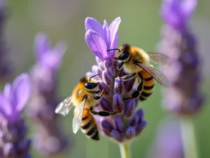 Lavender Bee Haven - Close-up shot of honey bees pollinating English Lavender flowers, showing the intricate interaction between bee and bloom against a soft-focus background