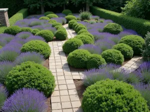 Lavender Companion Planting - Aerial view of a garden designed with different lavender varieties paired with complementary plants like roses and salvias, showing optimal spacing and arrangement