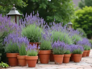 Lavender Container Collection - Various lavender varieties displayed in terracotta pots of different sizes, showing how different types adapt to container growing, Mediterranean style patio setting