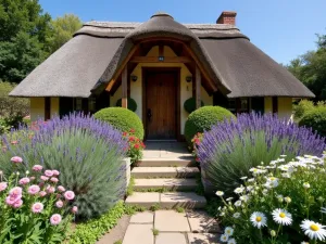 Lavender Cottage Entry - Wide-angle view of a thatched cottage entrance with stone steps flanked by massive lavender bushes, pink hollyhocks, and white daisies, wooden arch overhead