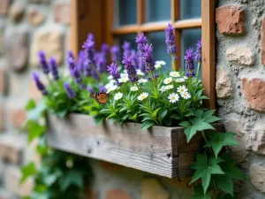 Lavender Cottage Window Box - Close-up of a weathered wooden window box mounted on stone cottage wall, overflowing with French lavender, white alyssum, and trailing ivy, butterfly visiting the blooms