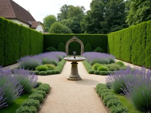 Lavender Garden Room - Wide view of an outdoor room created with tall yew hedges, featuring gravel paths between formal beds of lavender and santolina, with an antique sundial as focal point