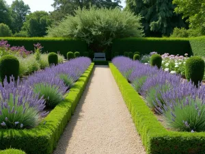 Lavender Herb Garden - Normal view of a formal herb garden featuring English Lavender as the centerpiece, surrounded by geometric beds of complementary herbs and classic topiary