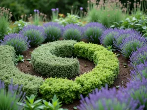 Lavender Herb Spiral - A close-up of a spiral herb garden featuring different varieties of lavender mixed with complementary herbs, showing the intricate pattern and varying heights