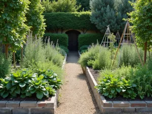 Lavender Kitchen Garden - Normal view of a potager garden with English Lavender edging raised vegetable beds, featuring espaliered fruit trees and classic obelisks