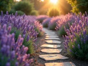 Lavender Pathway at Sunset - A winding garden path lined with blooming English lavender, captured during golden hour with soft sunlight filtering through, creating a romantic and ethereal atmosphere. Natural stone pavers weave through the purple blooms.