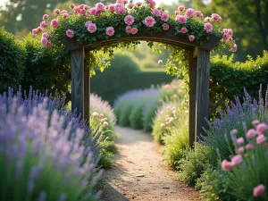 Lavender Rose Cottage Garden Path - A winding garden path lined with blooming English lavender and climbing pink roses on weathered wooden arches, soft morning light filtering through, cottage garden style