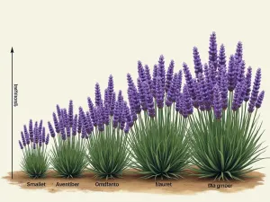 Lavender Variety Size Chart - Visual comparison of mature lavender varieties from smallest to largest, shown in a lined-up display with height markers, educational garden setting