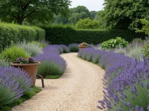 Lavender and Stone Path Garden - Wide-angle view of a winding gravel path bordered by masses of English Lavender, with antique garden benches and rustic planters creating focal points