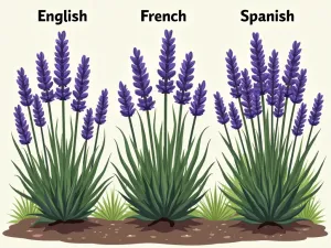 Lavender Comparison Garden - Side-by-side comparison of different lavender varieties (English, French, and Spanish) in a demonstration garden, showing height differences and flower characteristics, educational style