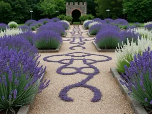 Medieval-Style Lavender Knot - Ground-level perspective of a medieval-inspired lavender knot garden featuring purple and white lavender varieties woven into intricate patterns, with gravel pathways and stone edging