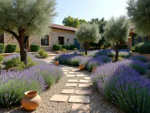 Mediterranean Lavender Garden - Wide-angle shot of a Mediterranean-style garden with terraced beds of English Lavender, olive trees, and gravel paths, featuring Mediterranean pottery