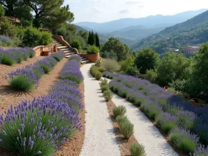 Mediterranean Lavender Terrace - An aerial view of a terraced garden with neat rows of French lavender, terracotta pots, and white gravel pathways, creating a Mediterranean-style retreat with distant mountain views