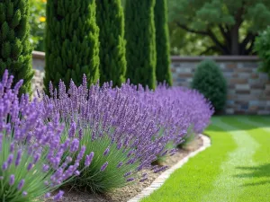 Mediterranean Spanish Lavender Border - A curved garden border filled with blooming Spanish Lavender plants, creating a waves of purple against a stone wall, with Mediterranean cypress trees in the background