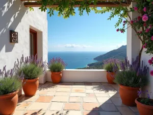 Mediterranean Terrace Garden - wide-angle view of a sun-drenched terrace with terracotta pots filled with Spanish lavender and rambling roses, whitewashed walls and blue sea view