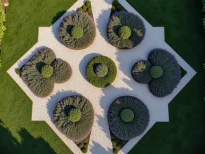 Minimalist Knot Garden - Aerial view of a simplified modern knot garden design using only lavender and gravel, creating bold geometric patterns viewed from above in stark morning light