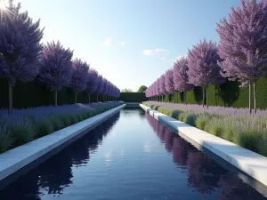 Minimalist Water Feature - Sleek rectangular water channel with clean edges, bordered by precisely trimmed lavender hedges, reflecting the sky