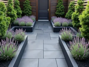 Modern Lavender Courtyard - A contemporary courtyard garden featuring geometric beds of purple lavender contrasting with dark slate paving and modern metal planters, shot from above