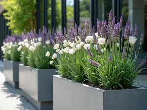 Modern Lavender Rose Terrace - contemporary raised metal planters filled with structured lavender plants and white roses, minimalist design with clean lines, urban garden setting