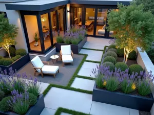 Modern Lavender Terrace - Aerial view of a contemporary rooftop garden featuring geometric patterns of English Lavender in metal planters, with modern furniture and lighting